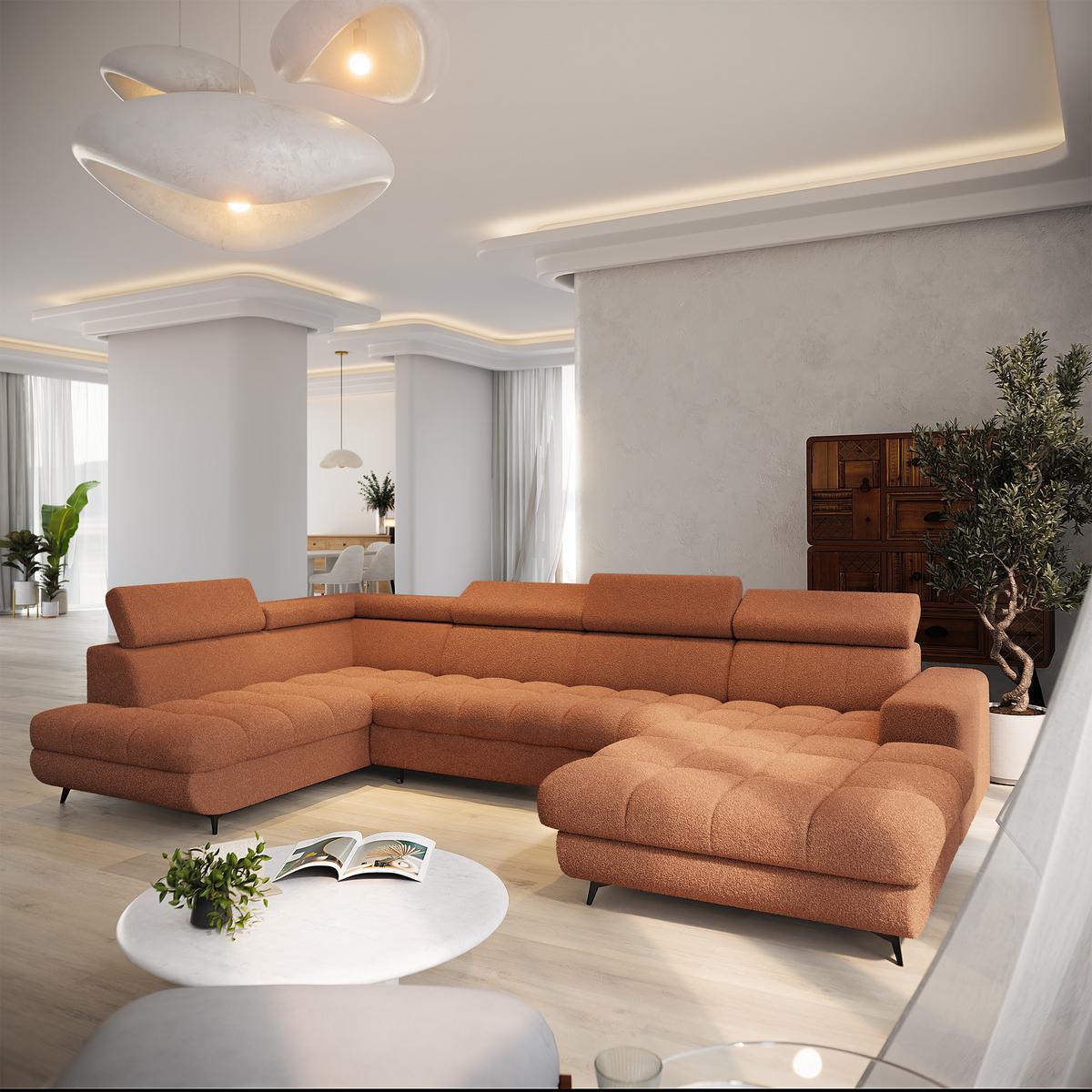 WOHNLANDSCHAFT CORENO Orange Boucle-Stoff mit Schlaffunktion - Terracotta, Holz (345/88/190cm) - MASSENO
