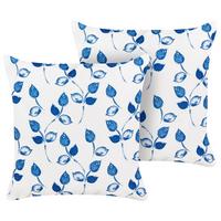 GARTENKISSEN 2er-Set Blattmotiv weiß/blau 45/45 cm Torbora - Weiß, Textil (45/45cm) - Beliani