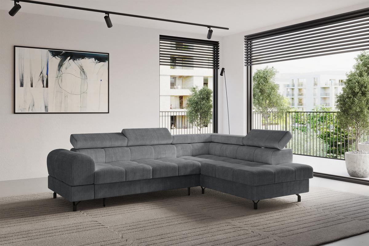 ECKSOFA mit Schlaffunktion Ottomane Rechts LUMA-L 272x203x70 Dunkelgrau Cord - Dunkelgrau/Schwarz, Holzwerkstoff/Kunststoff (203/272cm) - ALTDECOR