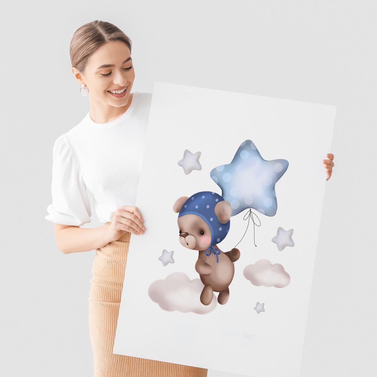POSTER SET für Kinderzimmer Teddybären Ballons Sterne Wolken 3x Poster A4 21x30cm - Beige/Rosa, Papier (21/30/1cm) - Muralo