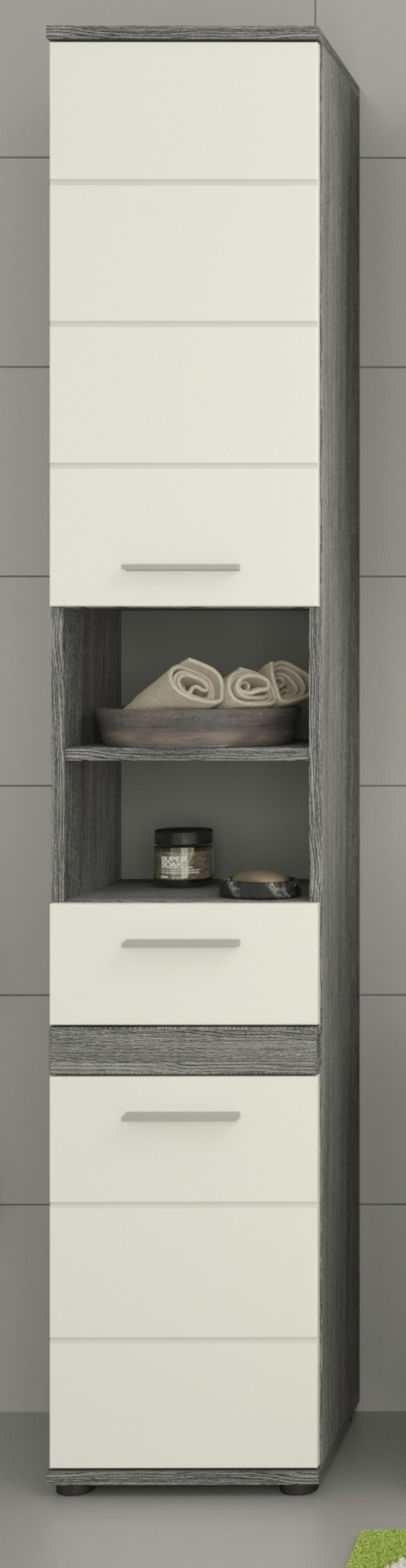 HOCHSCHRANK weiß Hochglanz, grau 35 cm, Badschrank mit 6 Fächern - Weiß Hochglanz/Silberfarben, Holzwerkstoff/Kunststoff (35/191/31cm) - Inn.Furn