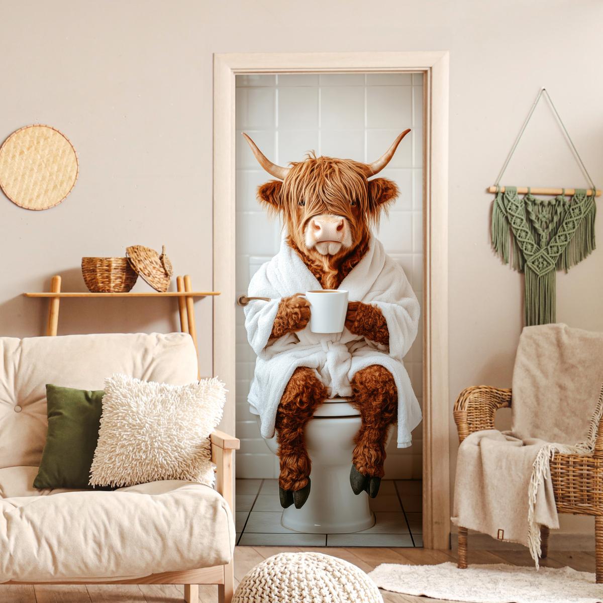 TÜRAUFKLEBER Schottischer Highlander - WC - Bademantel - Modern - Tiere Wanddeko 90x205 cm - Türtapete - Kastanienfarben, Kunststoff (90/0.1/205cm) - MuchoWow