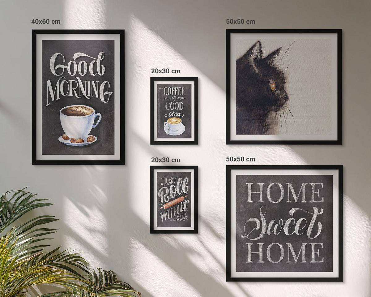 BILDER SET 5er Set - 50x50 cm & 20x30 cm & 40x60 cm Schwarzer Rahmen - Hausküchenthemen Katze - Schwarz, Kunststoff (40/60cm) - TULUP