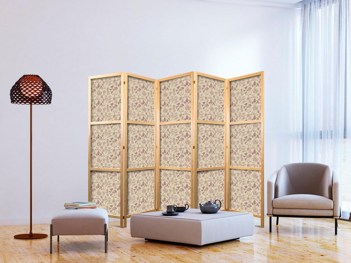 PARAVENT Japanischer 5-tlg 225x172 cm Pilze und Pflanzen - Beige, Holz/Textil (225/172/3cm) - Muralo