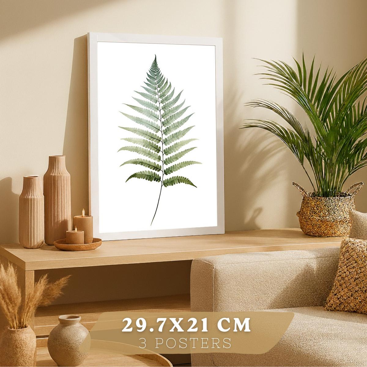 POSTER 3er Bilder-Set Wandbilder Botanisch Grün modern Wohnzimmer Deko, Schlafzimmer, Küche, Badezimmer Weißer Rahmen A3 - Weiß, Papier (29.7/1/42cm) - Nacnic