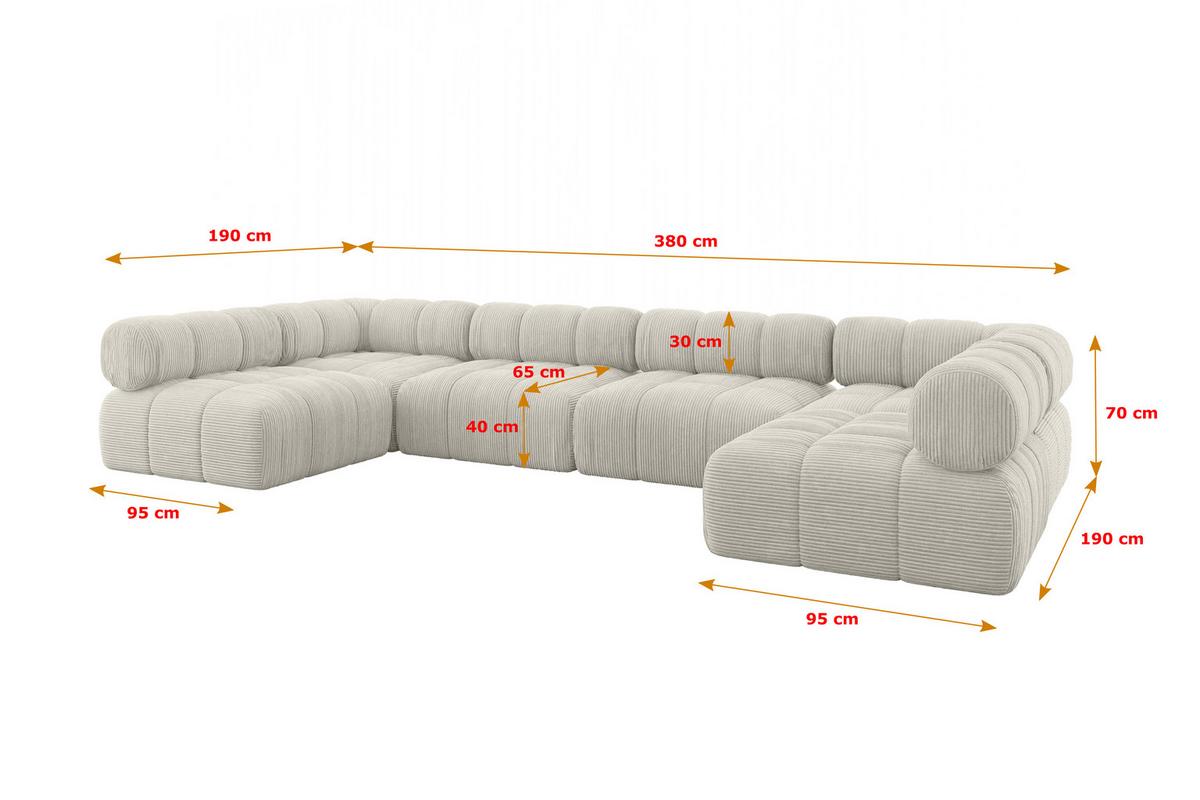 WOHNLANDSCHAFT modulares Sofa Garvo-U2 - 380x190x70 cm Creme Cord - Hellgrau/Creme, Holzwerkstoff/Textil (380/70/190cm) - ALTDECOR