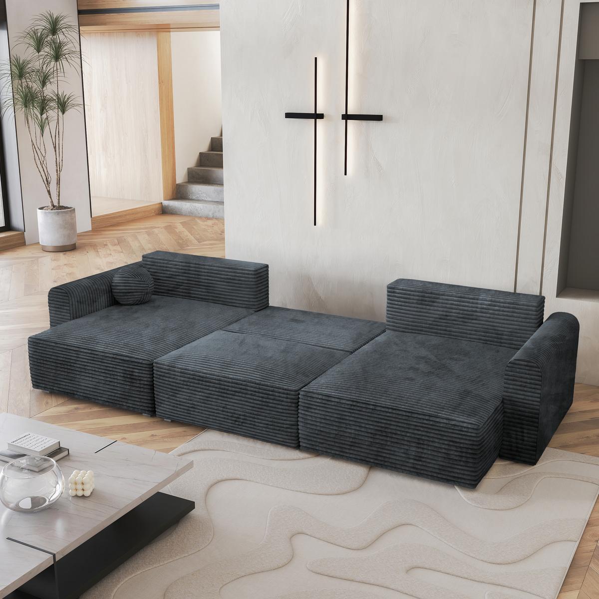 WOHNLANDSCHAFT FENTO Grau Kordstoff mit Schlaffunktion - Grau, Holz (347/90/148cm) - MASSENO