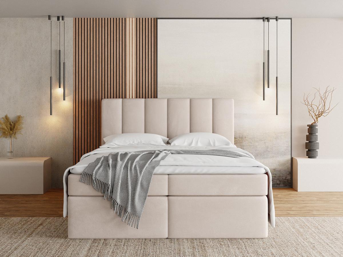 BOXBETT Amira mit Bettkasten, Samt Beige 140/200 cm – 7-Zonen Taschenfederkern-Matratze & Komfortschaum-Topper - Ecru/Beige, Kunststoff/Textil (140/200cm) - WFL GROUP
