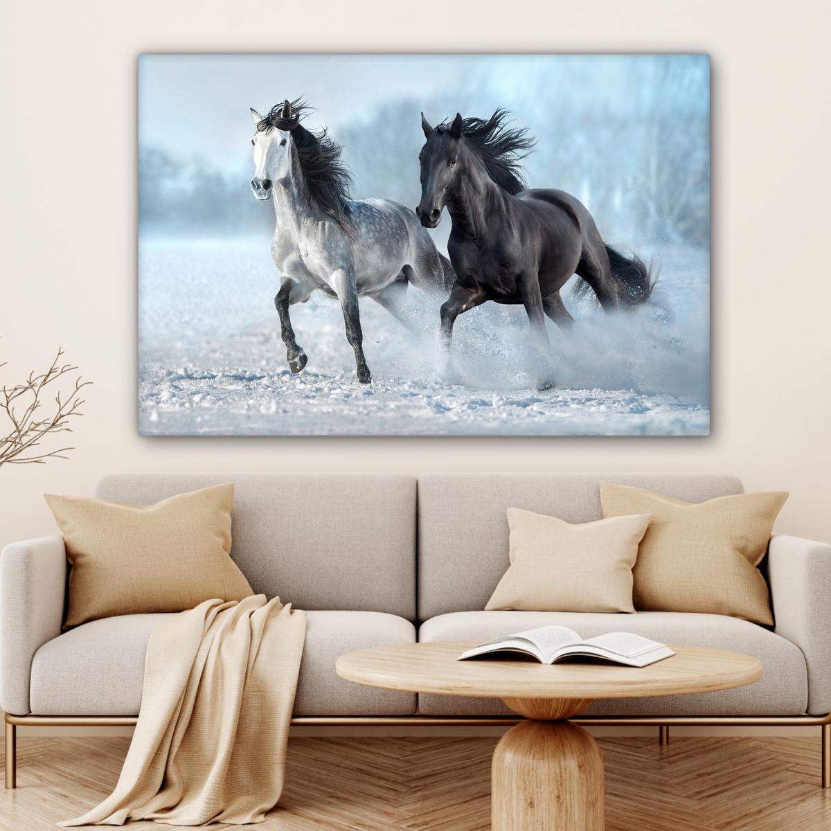 LEINWANDBILD Pferde - Winter - Tiere - Natur - Schnee Groß 140x90 cm - Anthrazit, Textil (140/90cm) - MuchoWow
