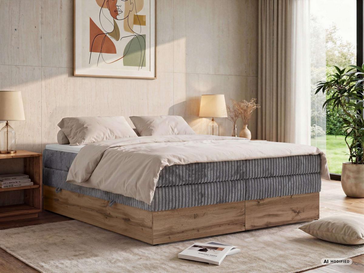 BOXSPRINGBETT WOOD ZERO KING 180/200 - Grau Cord - Topper T25 - H3 - Schwarz/Grau, Kunststoff/Textil (180/200cm) - MKS