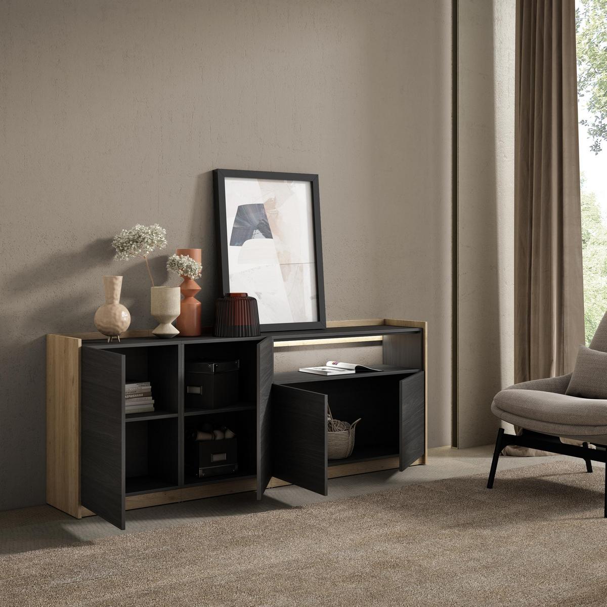 SIDEBOARD, Schwarz und Eiche, 207/37/80cm, mit Led - Schwarz, Holzwerkstoff (207/80/37cm) - Skraut Home