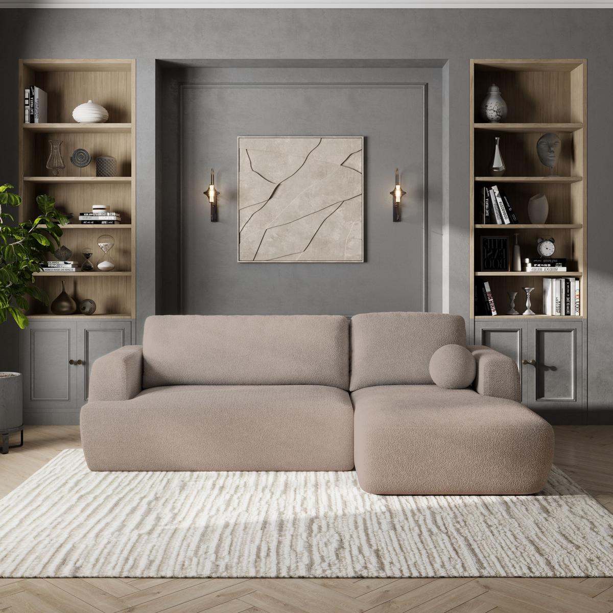 ECKSOFA SENTI N R-S Beige Boucle-Stoff mit Schlaffunktion - Beige/Schwarz, Holz/Kunststoff (246/148cm) - MASSENO