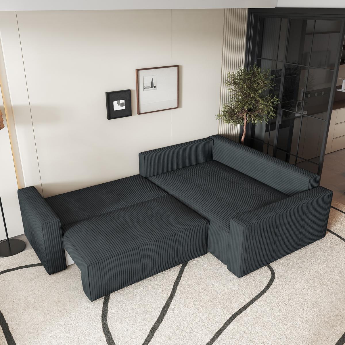 ECKSOFA ERONIS R-S Graphitfarben Kordstoff mit Schlaffunktion - Graphitfarben, Holz (265/194cm) - MASSENO
