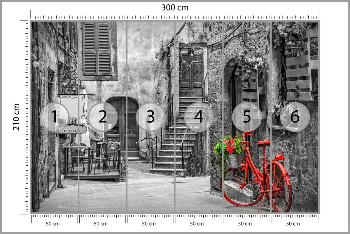 FOTOTAPETE für Wohnzimmer Italienische Gasse Rotes Fahrrad Toskana 300x210 - Rot/Schwarz, Papier (300/210cm) - Muralo