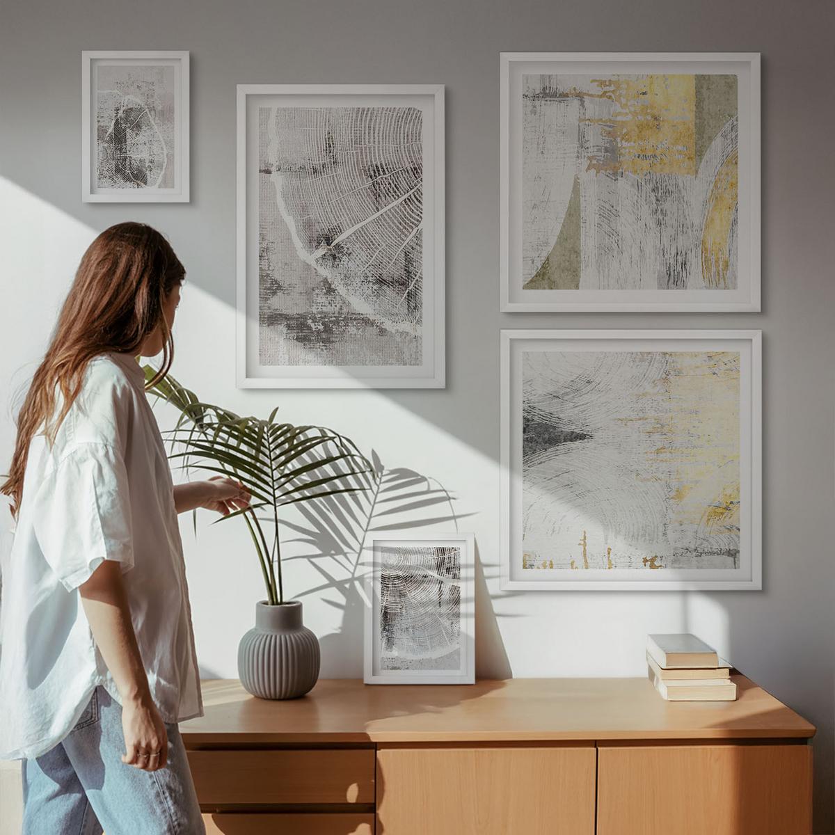 BILDER SET 5er Set - 50x50 cm & 20x30 cm & 40x60 cm Weißer Rahmen - Beige abstrakte Formen Linien - Weiß, Kunststoff (40/60cm) - TULUP