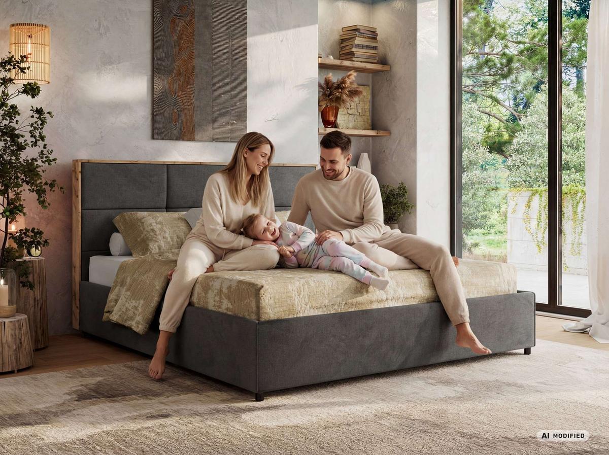 POLSTERBETT LERIO CLASSIC 140/200 - Hellgrau Plüsch - Schaum-Matratze - Hellgrau/Schwarz, Kunststoff/Textil (140/200cm) - MKS