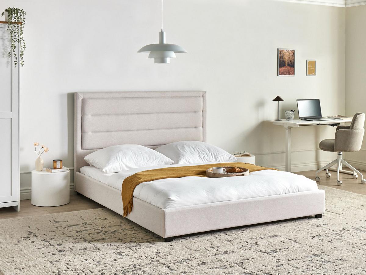 BETT mit Lattenrost 160/200 cm Hellbeige Rouen - Beige/Schwarz, Textil (160/200cm) - Beliani