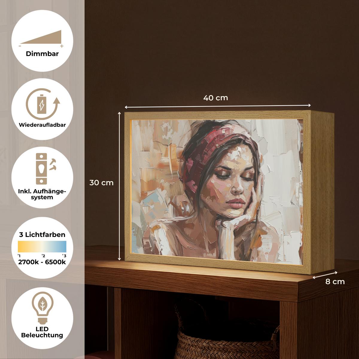 WANDLEUCHTE MIT AKKU Frau - Lackierung - Porträt - Modern 40x30 cm - Braun, Holzwerkstoff (40/30/8cm) - OnlyWow