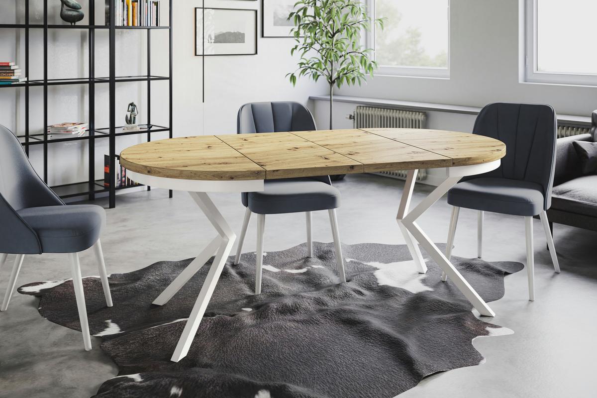 RUNDER Esszimmertisch BERGO, ausziehbarer Tisch Durchmesser: 100 cm/180 cm, Wohnzimmertisch Farbe: Mattbraun, mit Metallbeinen in Farbe Weiß - Hellbraun/Weiß, Holzwerkstoff (100/100/76cm) - Alpi-Möbel