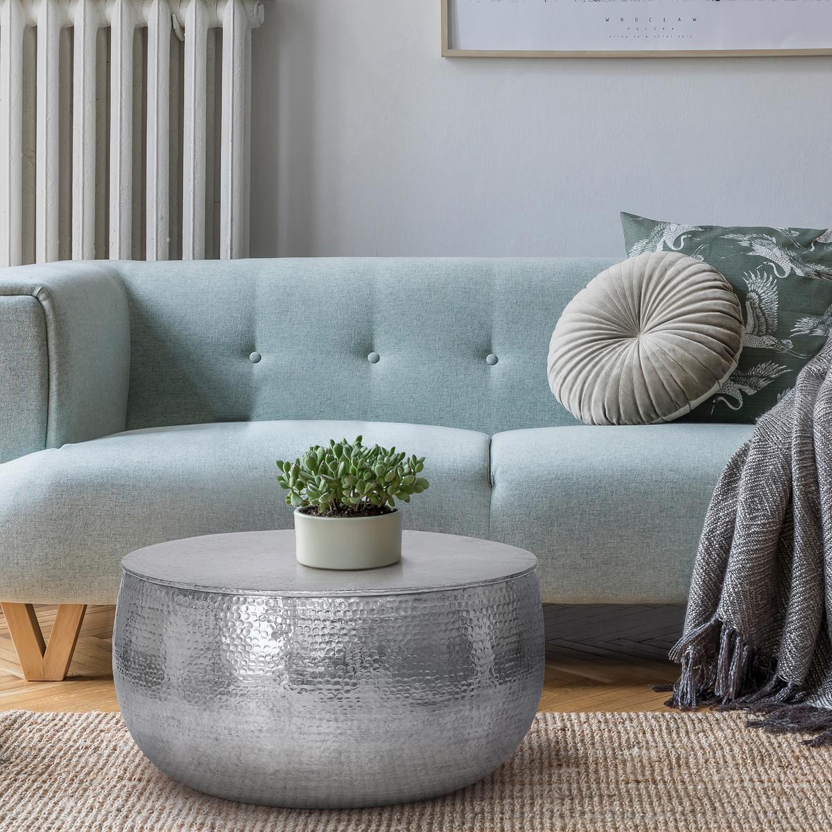 COUCHTISCH rund Ø90x45 cm Silber aus Aluminium Hammerschlag Design - Silberfarben, Metall (90/90/45cm) - WOMO-DESIGN