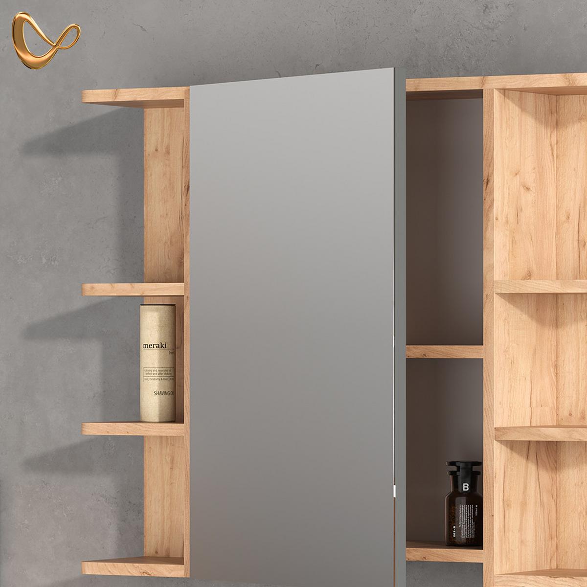BADMÖBEL-SET Fucino Goldkraft Eiche 3 Teile, mit Midischrank Tür klein - Honigeiche, Holzwerkstoff (80/130/32cm) - Livinity®