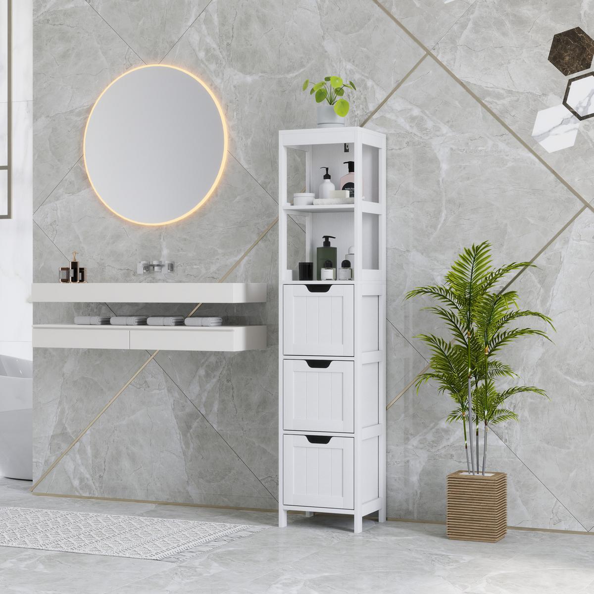 BADEZIMMERSCHRANK Badschrank Bad Hochschrank mit 3 Schubladen, 2 offenen Fächern - Weiß, Holz (30/142.4/30cm) - HOMCOM