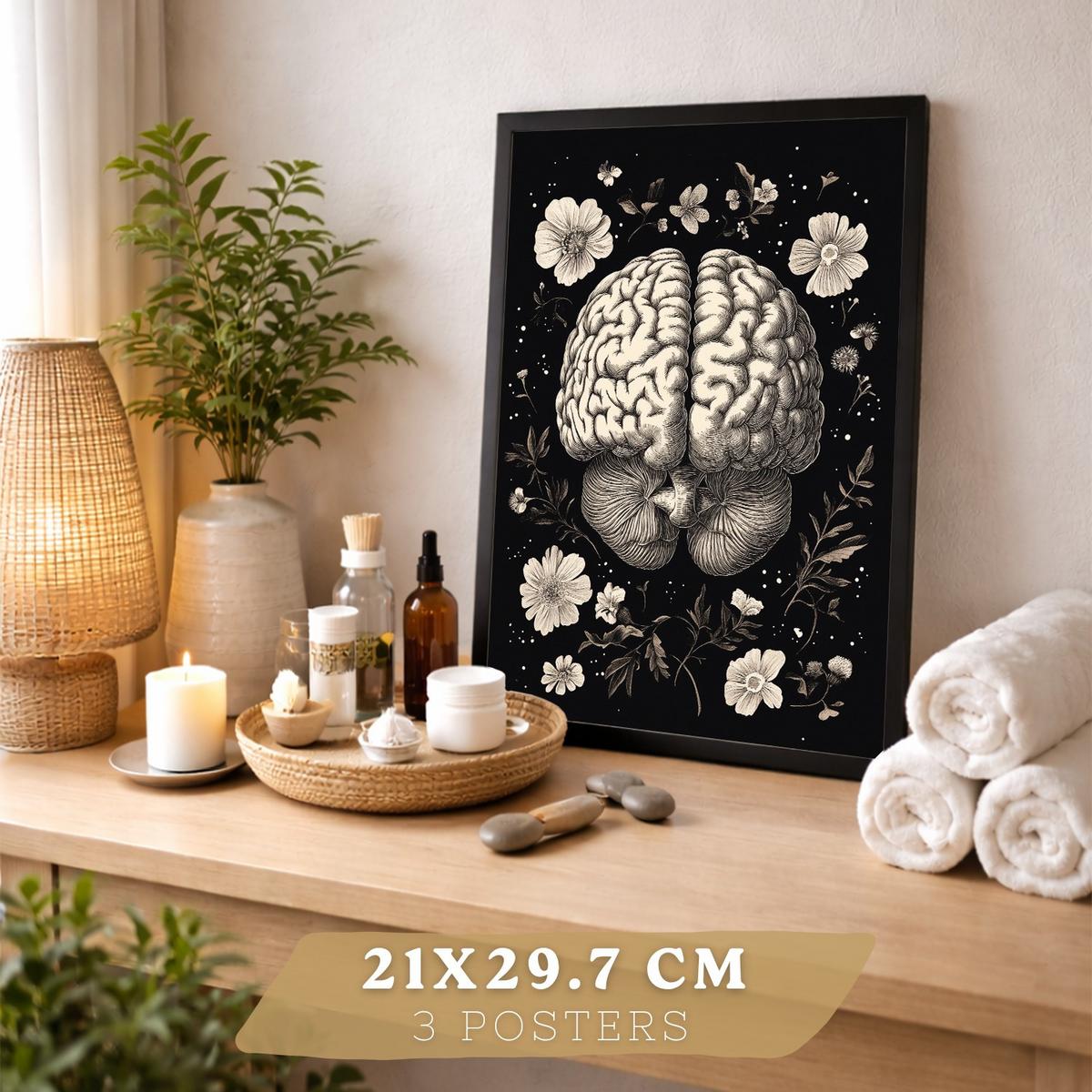 POSTER Set aus 3 Anatomie Mensch Drucke und Wandbilder mit Niere Harnsystem Gehirn und Herz Klassisches Schwarz Weiß Design Größe Schwarzer Rahmen A4 - Schwarz, Papier (21/29.7/3cm) - Nacnic