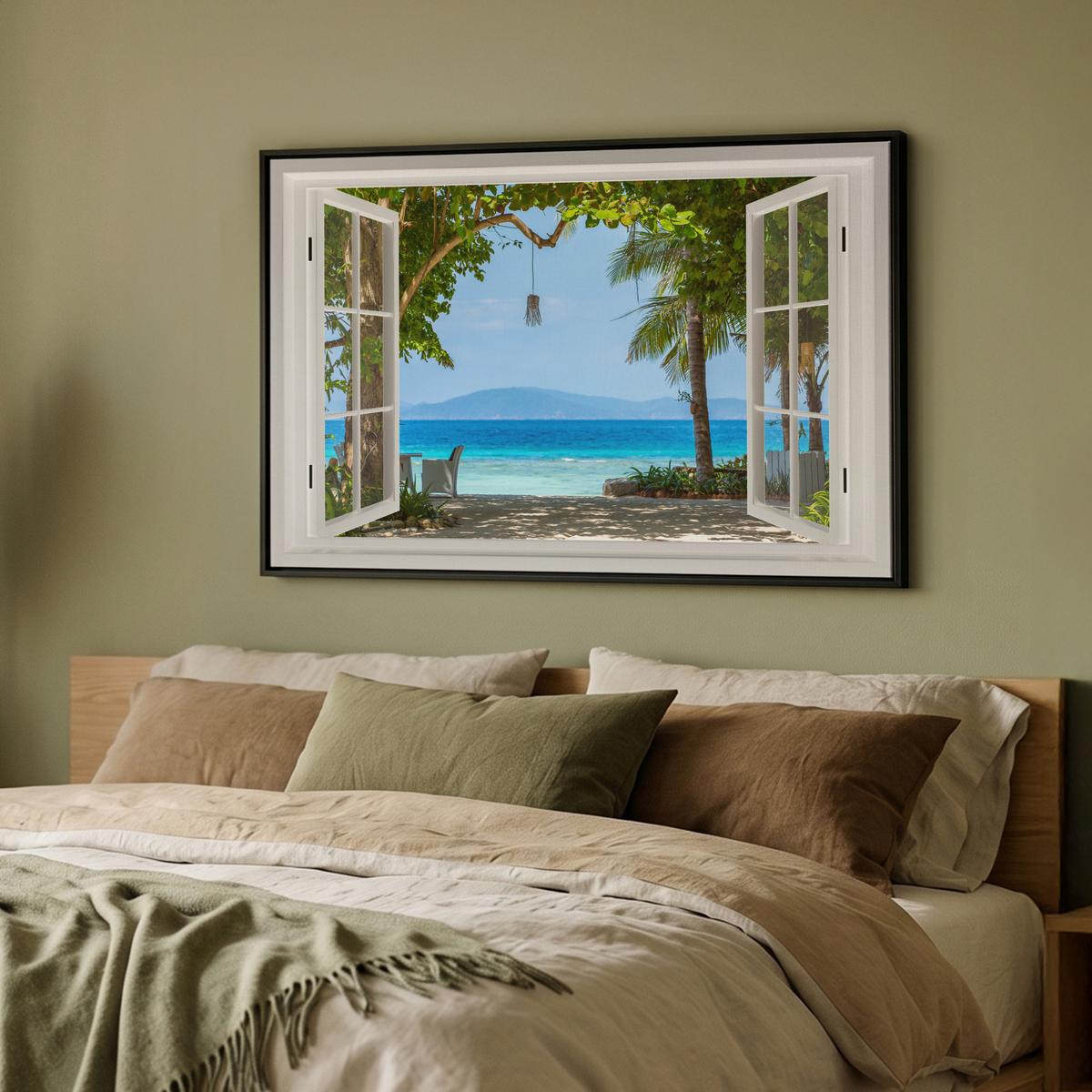 LEINWAND Bilder mit Rahmen - Aussicht - Baum - Meer - Palme - Hügel - Strand - Blau - 90x60 - Blau, Textil (90/60cm) - MuchoWow