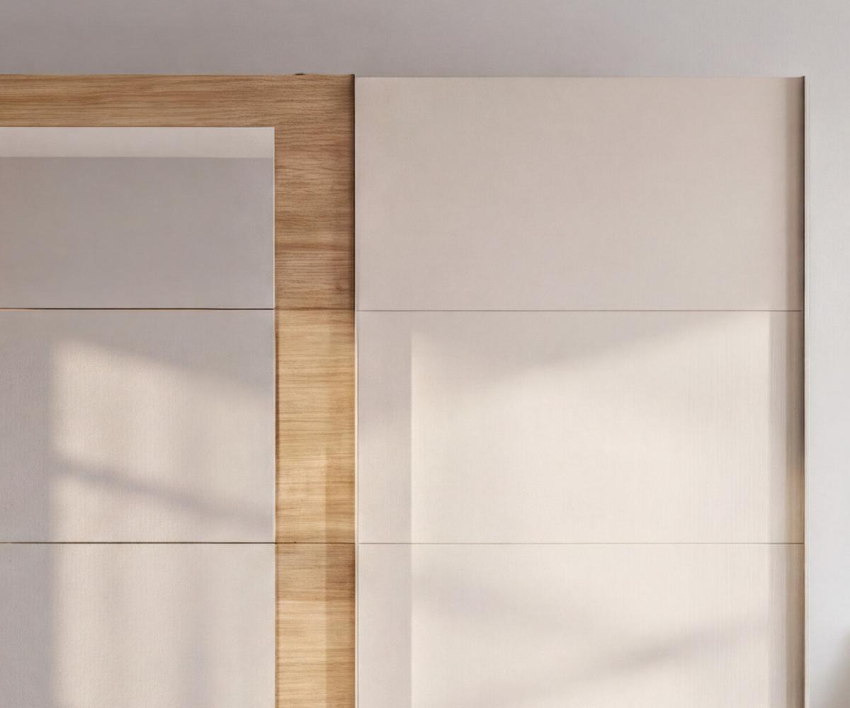SCHWEBETÜRENSCHRANK 3-türig B313/H208/64 cm Kleiderschrank in Beige Grau, Spiegel umrahmt in Eiche Natur, Griffe Beige Grau / 22631 - Beige/Grau, Holzwerkstoff/Metall (313/208/64cm) - luma-home