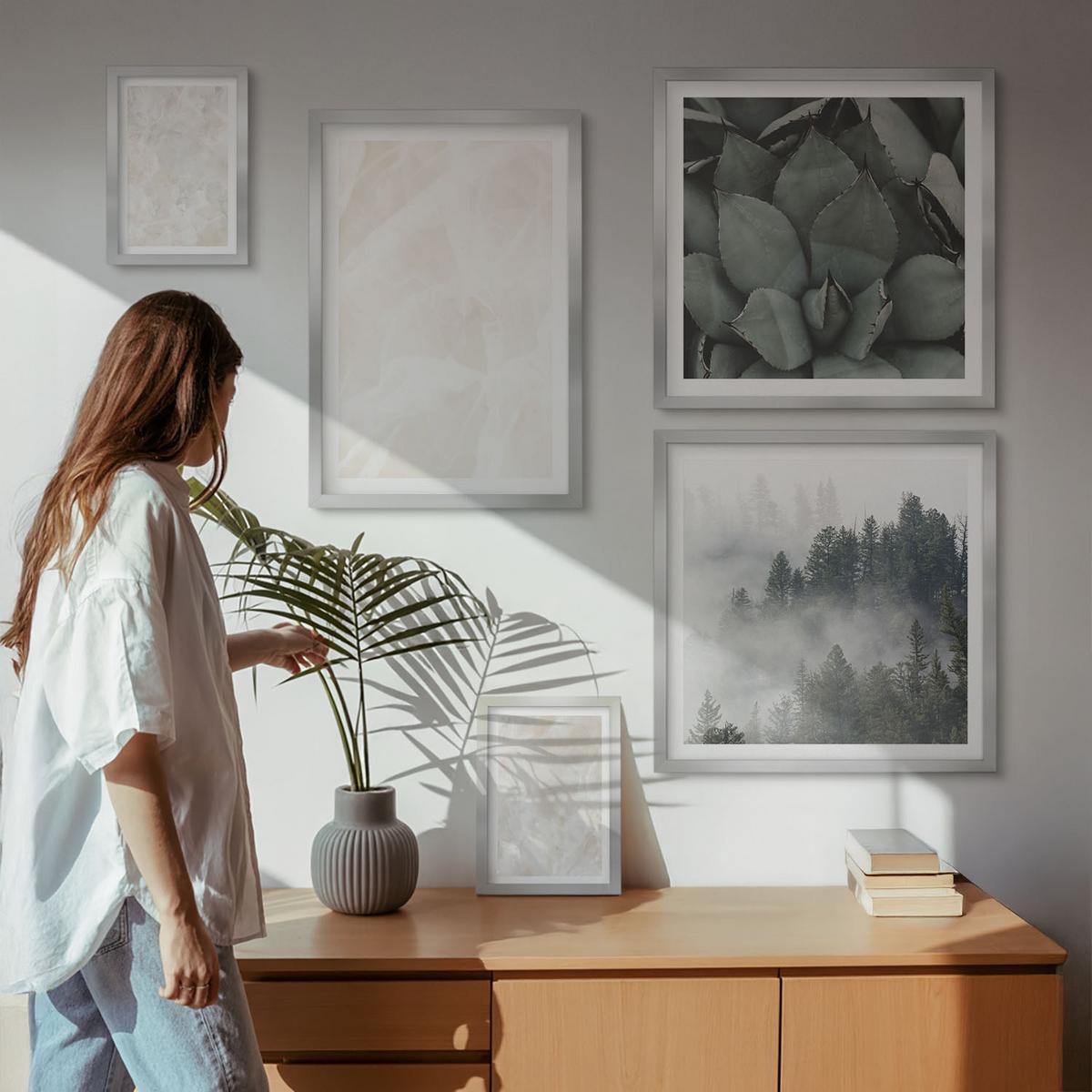 BILDER SET 5er Set - 50x50 cm & 20x30 cm & 40x60 cm Silberner Rahmen - Steinpastellmarmor - Silberfarben, Kunststoff (40/60cm) - TULUP