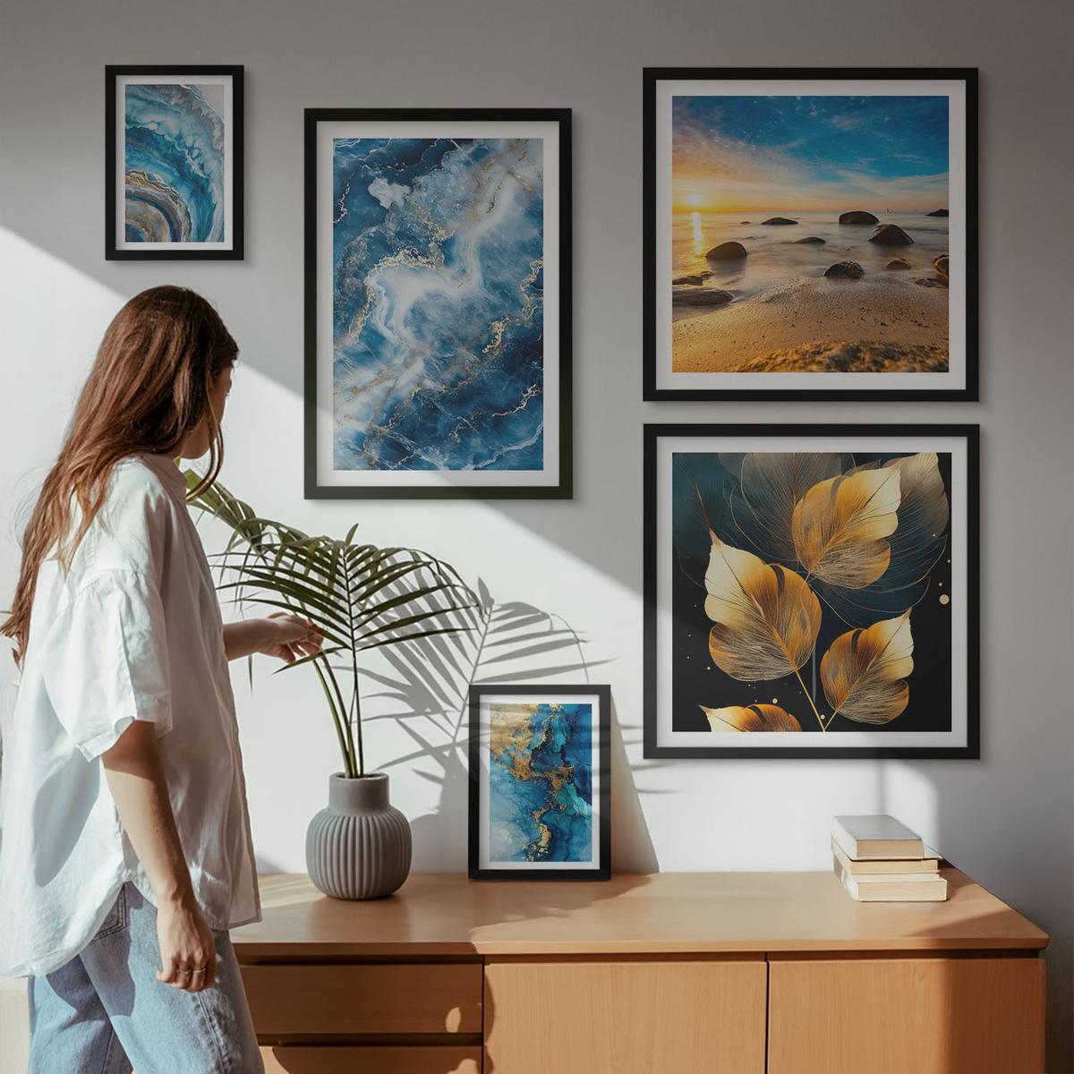 BILDER SET 5er Set - 50x50 cm & 20x30 cm & 40x60 cm Schwarzer Rahmen - Porträt einer Frau, Auge, Farben, Emotionen - Schwarz, Kunststoff (40/60cm) - TULUP