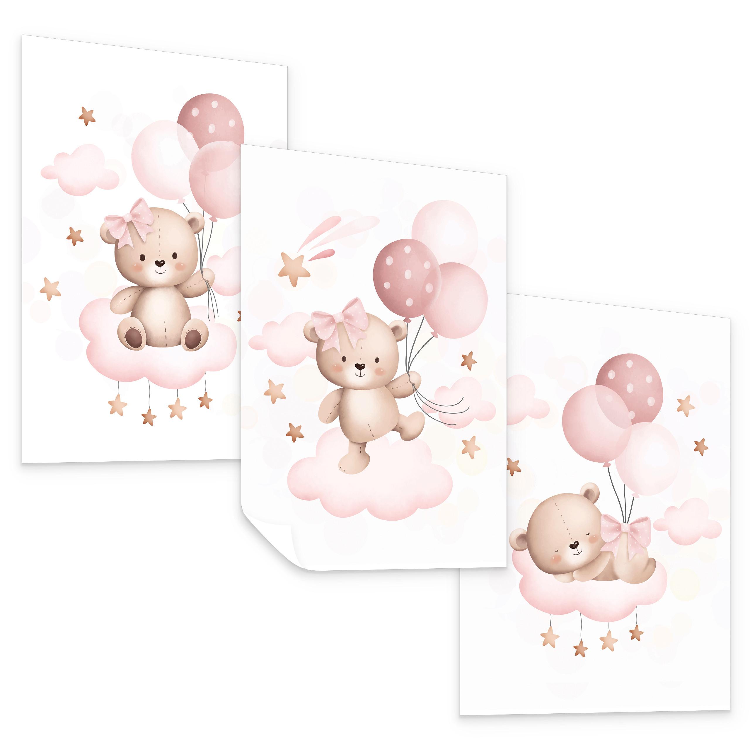 POSTER SET für Kinderzimmer Teddybären Ballons Wolken Sterne 3x Poster A4 21x30cm - Beige/Rosa, Papier (21/30/1cm) - Muralo