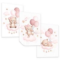 POSTER SET für Kinderzimmer Teddybären Ballons Wolken Sterne 3x Poster A4 21x30cm - Beige/Rosa, Papier (21/30/1cm) - Muralo