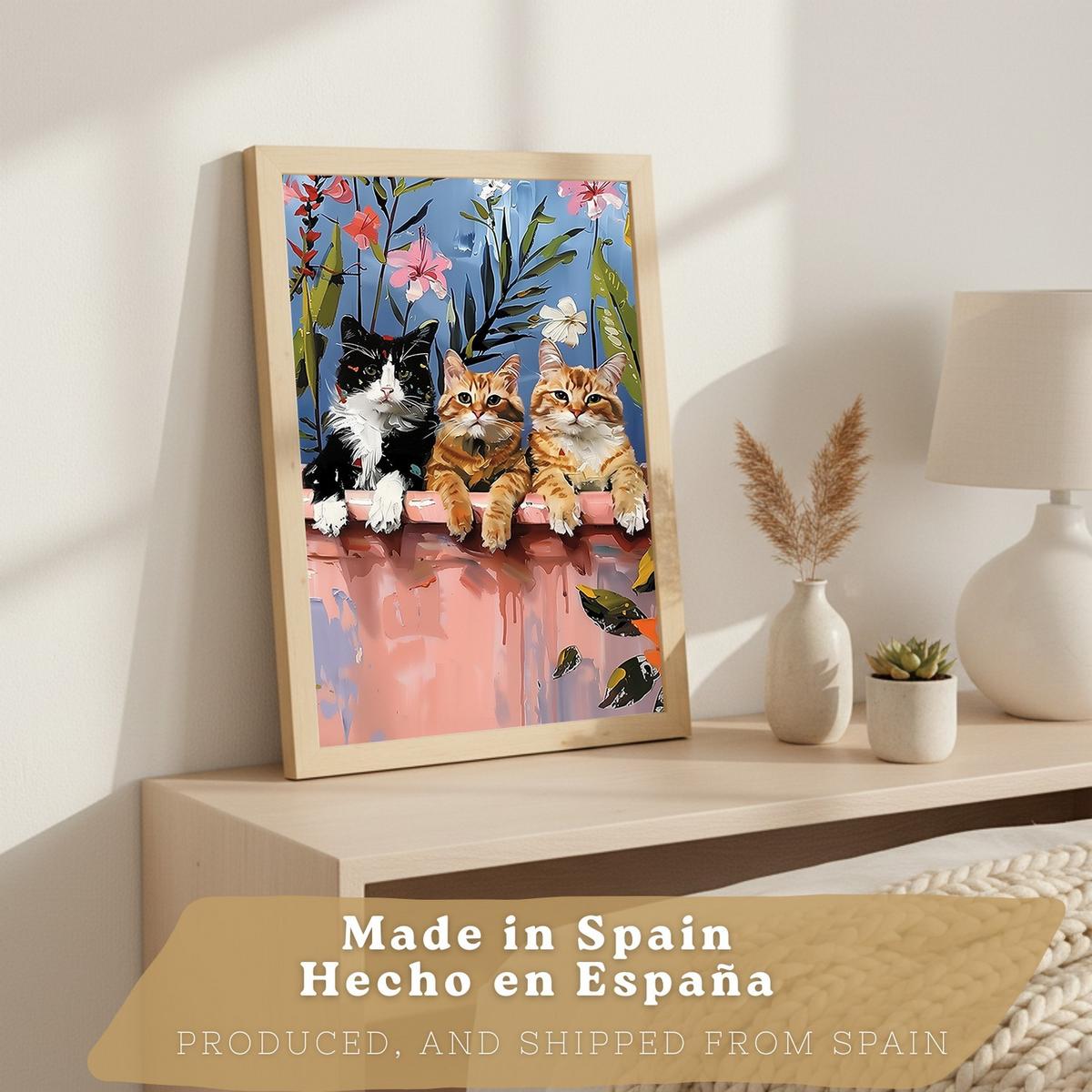 POSTER 3er Kunstdruck-Set Wandbilder Katzen modern Wohnzimmer Deko, Schlafzimmer, Küche, Badezimmer Leichter Holzrahmen A4 - Beige, Papier (29.7/1/21cm) - Nacnic