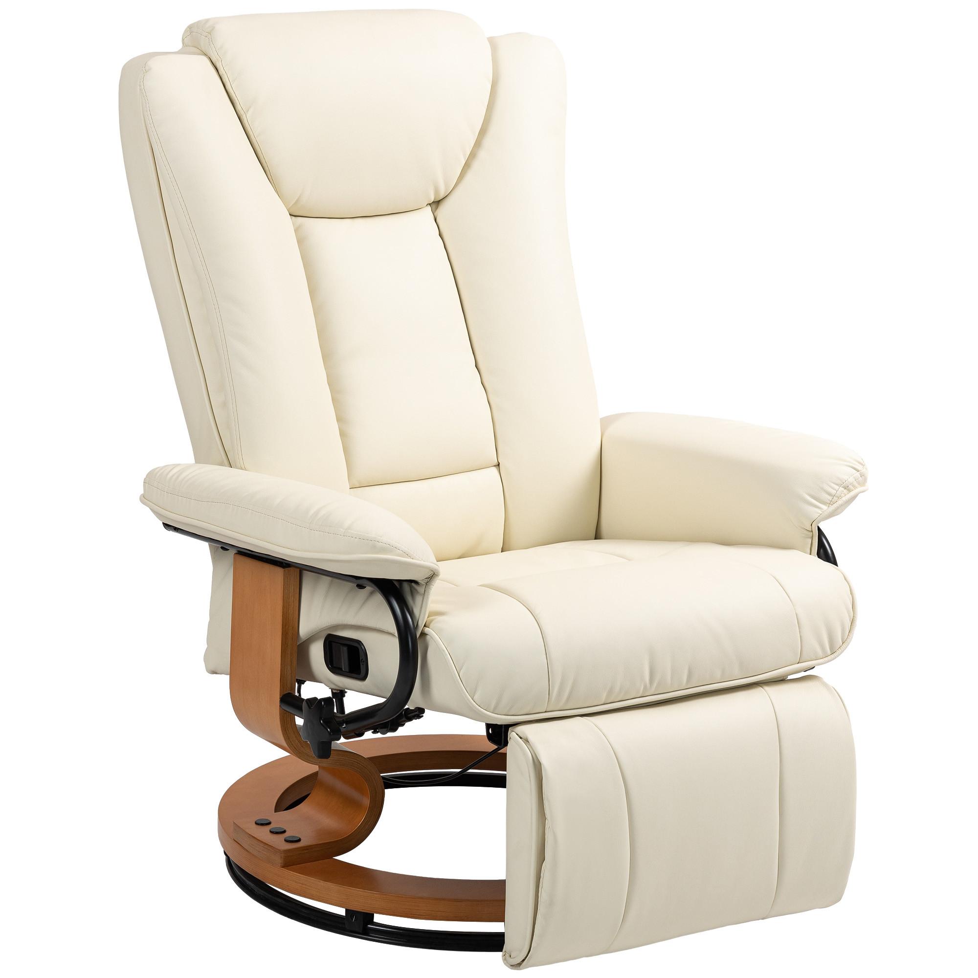 RELAXSESSEL Drehbar Fernsehsessel mit Liegefunktion, Fußstütze, Cremeweiß - Creme, Leder/Holzwerkstoff (88/103/78cm) - HOMCOM