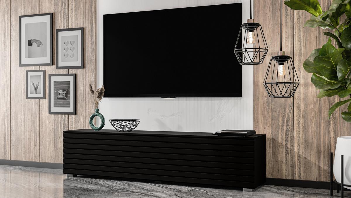 LOWBOARD ZIVOLLI 160 Schwarz, Schwarze Lamellen 160/36,5/40 cm – Hängend und Stehend - Schwarz, Holzwerkstoff/Kunststoff (160/36.5/40cm) - AX Living