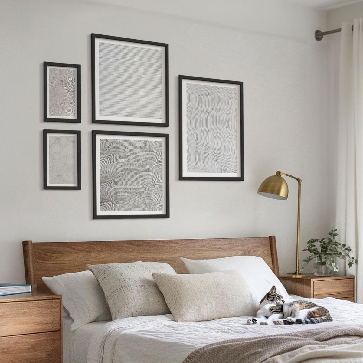 BILDER SET 5er Set - 50x50 cm & 20x30 cm & 40x60 cm Schwarzer Rahmen - Sandmuster geometrische Strukturen - Schwarz, Kunststoff (40/60cm) - TULUP