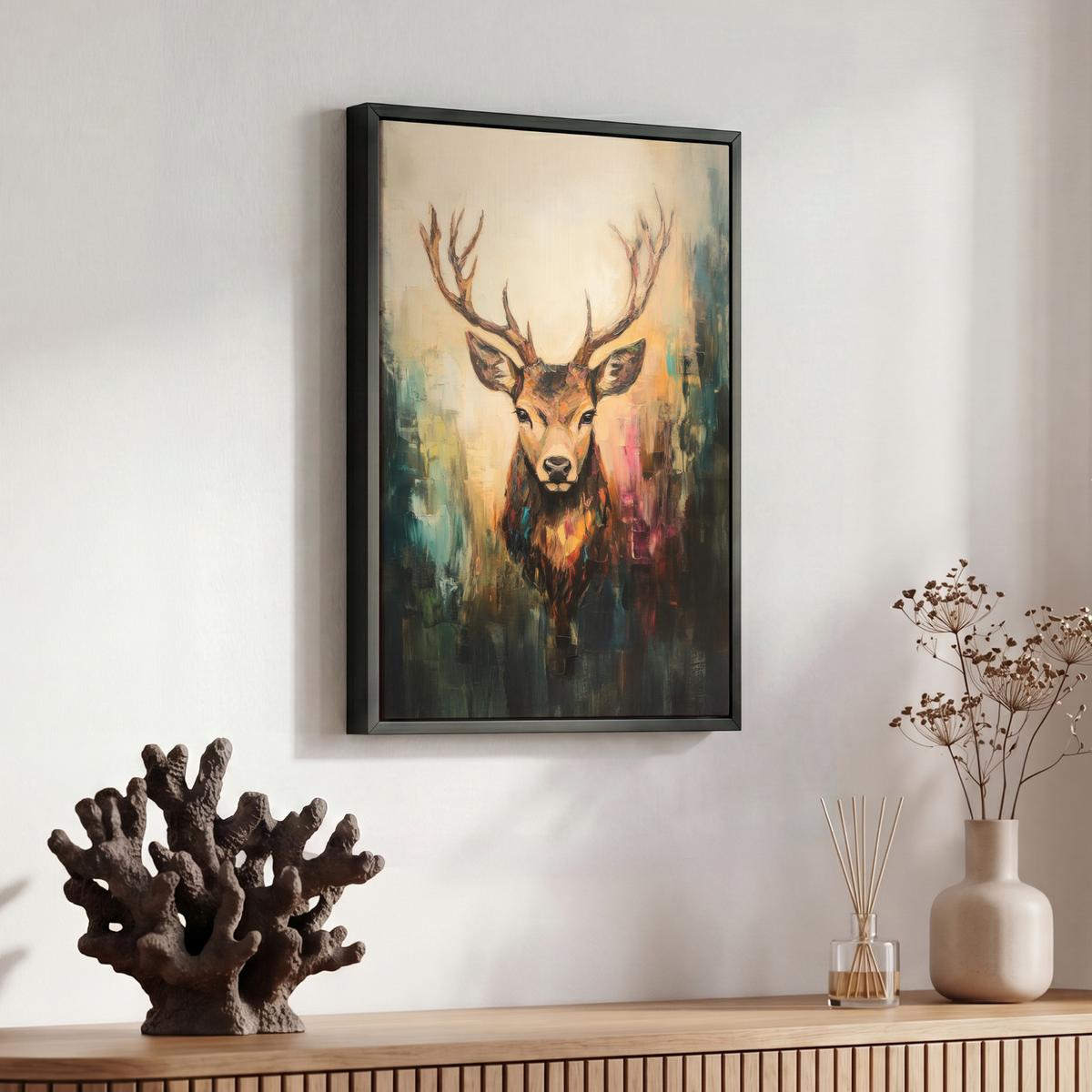 LEINWAND Bilder mit Rahmen - Hirsch - Gemalt - Geweih - Braun - 30x40 - Haselnussfarben, Textil (30/40cm) - MuchoWow