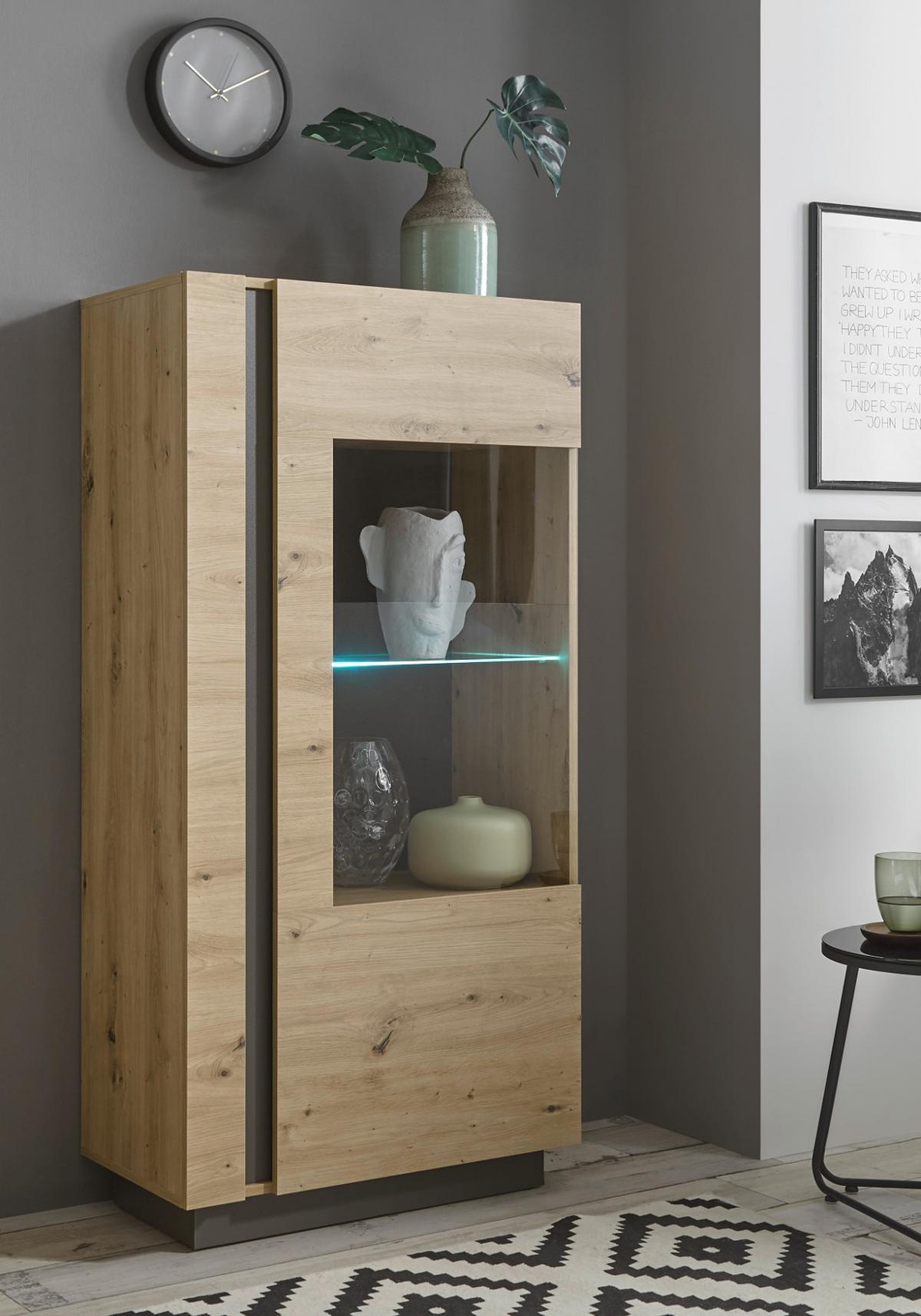 VITRINE Eiche Artisan, Graphit grau 72 cm, Vitrinenschrank mit Soft-Close - Eiche Artisan/Grau, Glas/Holzwerkstoff (72/154/40cm) - Furn.Design