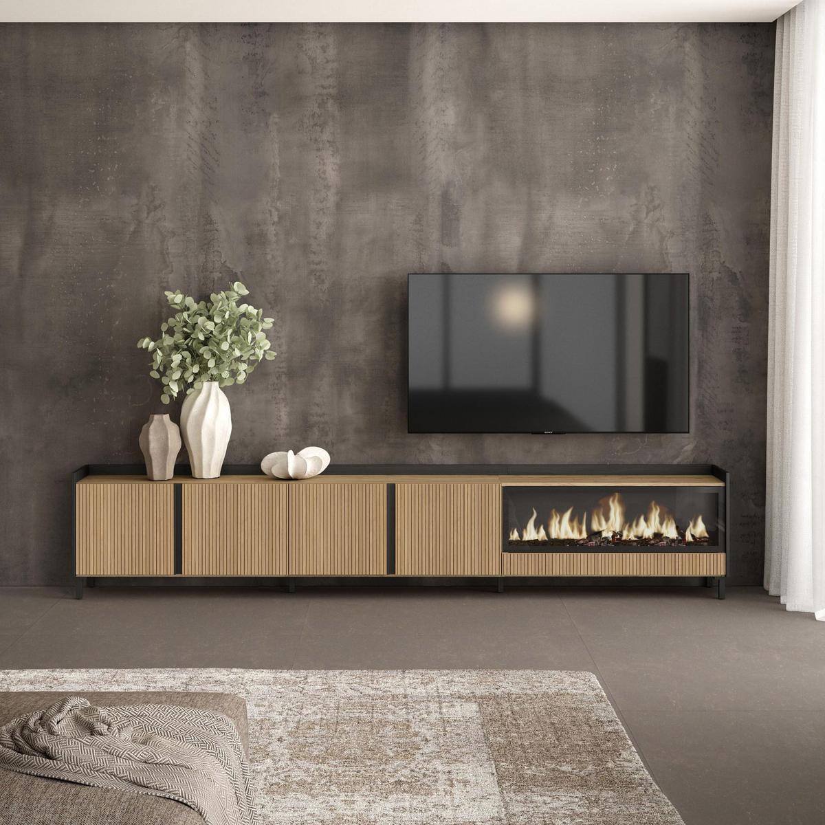 LOWBOARD, Eiche und Schwarz, 315/35/61cm, Elektrokamin XXL, Industriedesign - Eichefarben, Holzwerkstoff (315/61/35cm) - Skraut Home