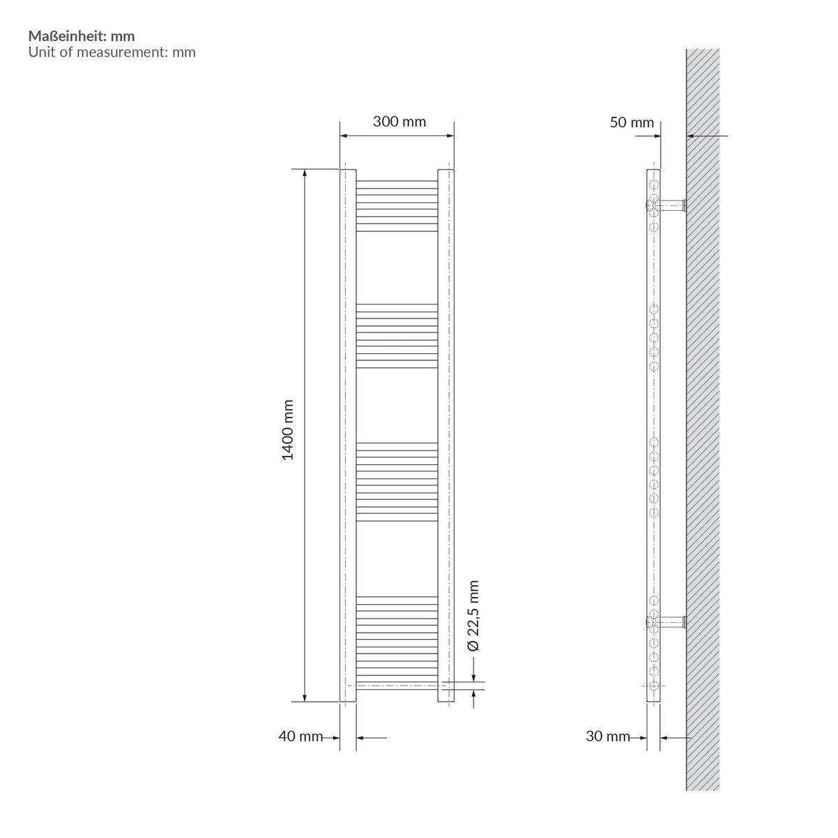 HANDTUCHHEIZKÖRPER elektrisch 300 x 1400 mm Beige Badheizkörper gerade mit Seitenanschluss mit Heizstab 300W - Beige, Metall (30/140/3cm) - LuxeBath
