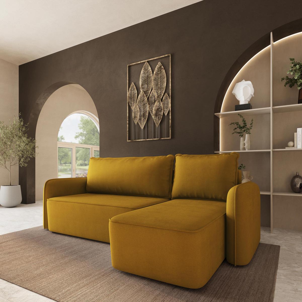 ECKSOFA DOLVER Gelb Plüsch-Stoff mit Schlaffunktion - Gelb, Holz (238/156cm) - MASSENO