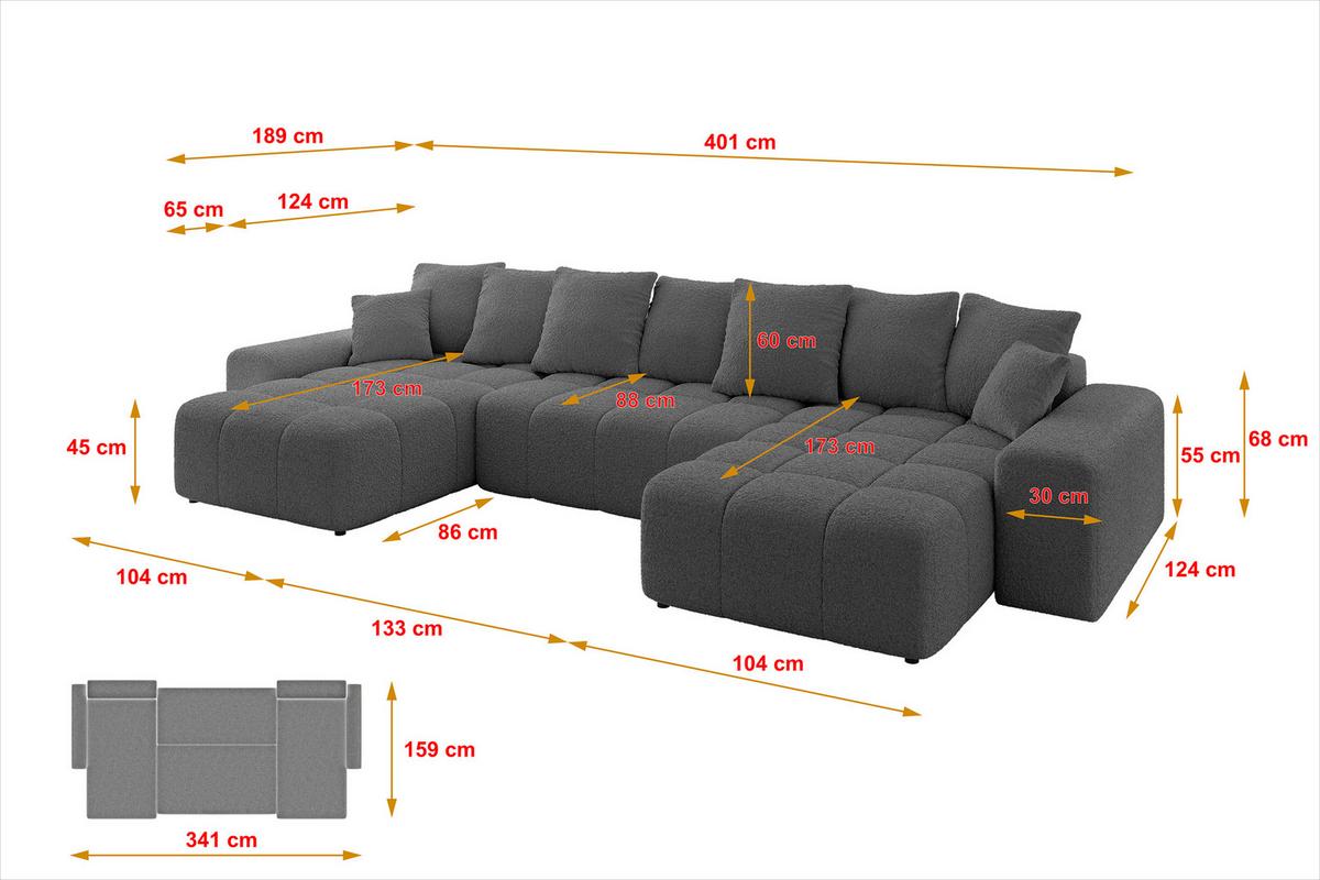 WOHNLANDSCHAFT ENIL-U 401x189x68 Grau Bouclé - Grau, Holzwerkstoff/Kunststoff (401/68/189cm) - ALTDECOR