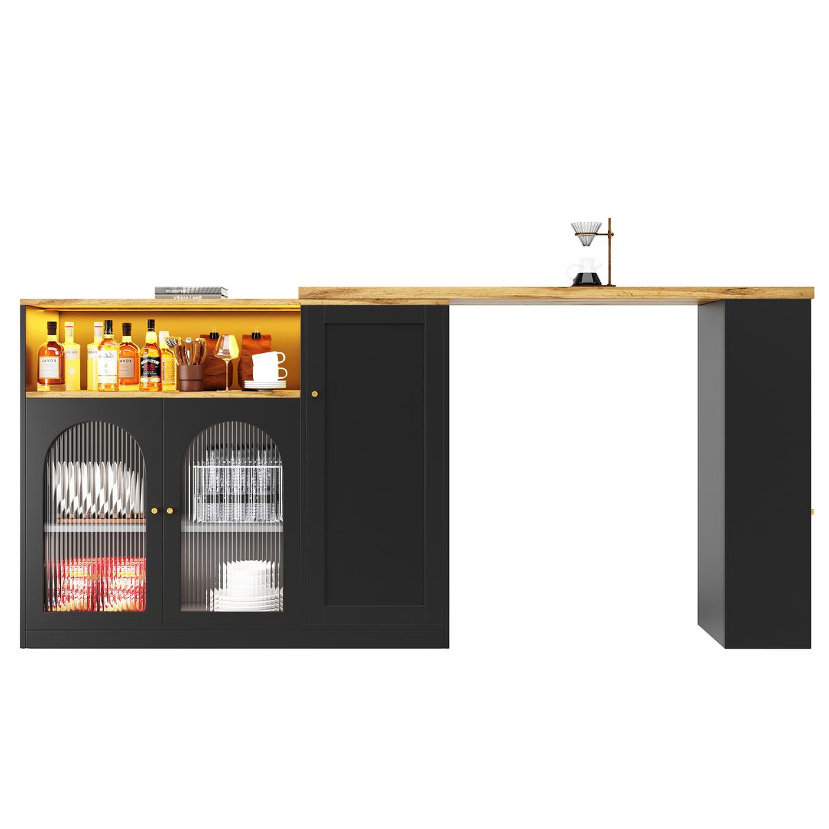 BARTISCH 360° Drehbar Schwarz & Holzoptik Barset mit LED, Glasschrank & Stauraum - Schwarz, Holzwerkstoff (39.6/197/100cm) - Urban Meuble