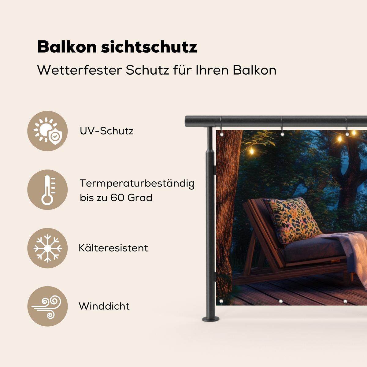 BALKON-SICHTSCHUTZ Lagerfeuer - See - Abendlicht Balkon Deko 300x110 cm - Dunkelblau, Kunststoff (300/110cm) - MuchoWow