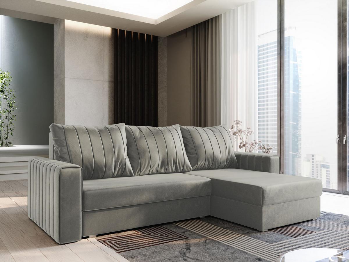 ECKSOFA CARL Hellgrau Plüsch-Stoff mit Schlaffunktion - Hellgrau/Grau, Holz/Kunststoff (236/150cm) - MASSENO