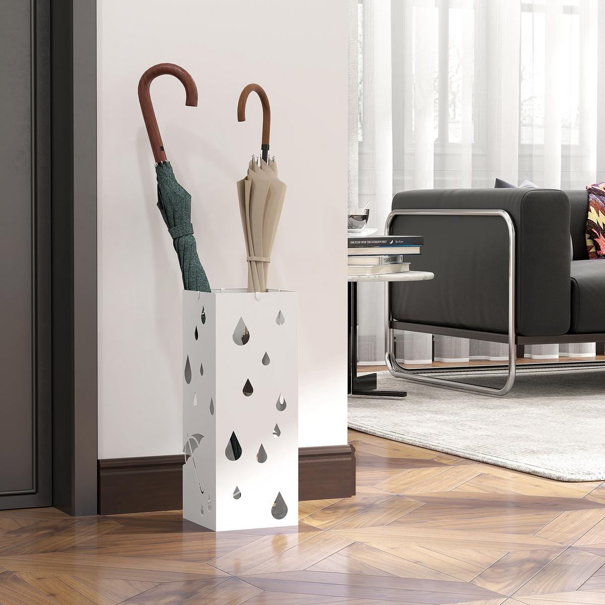 REGENSCHIRMSTÄNDER Schirmständer mit 4 Haken, Wasserauffangschale Stahl Weiß - Weiß, Metall (15.5/40/15.5cm) - HOMCOM