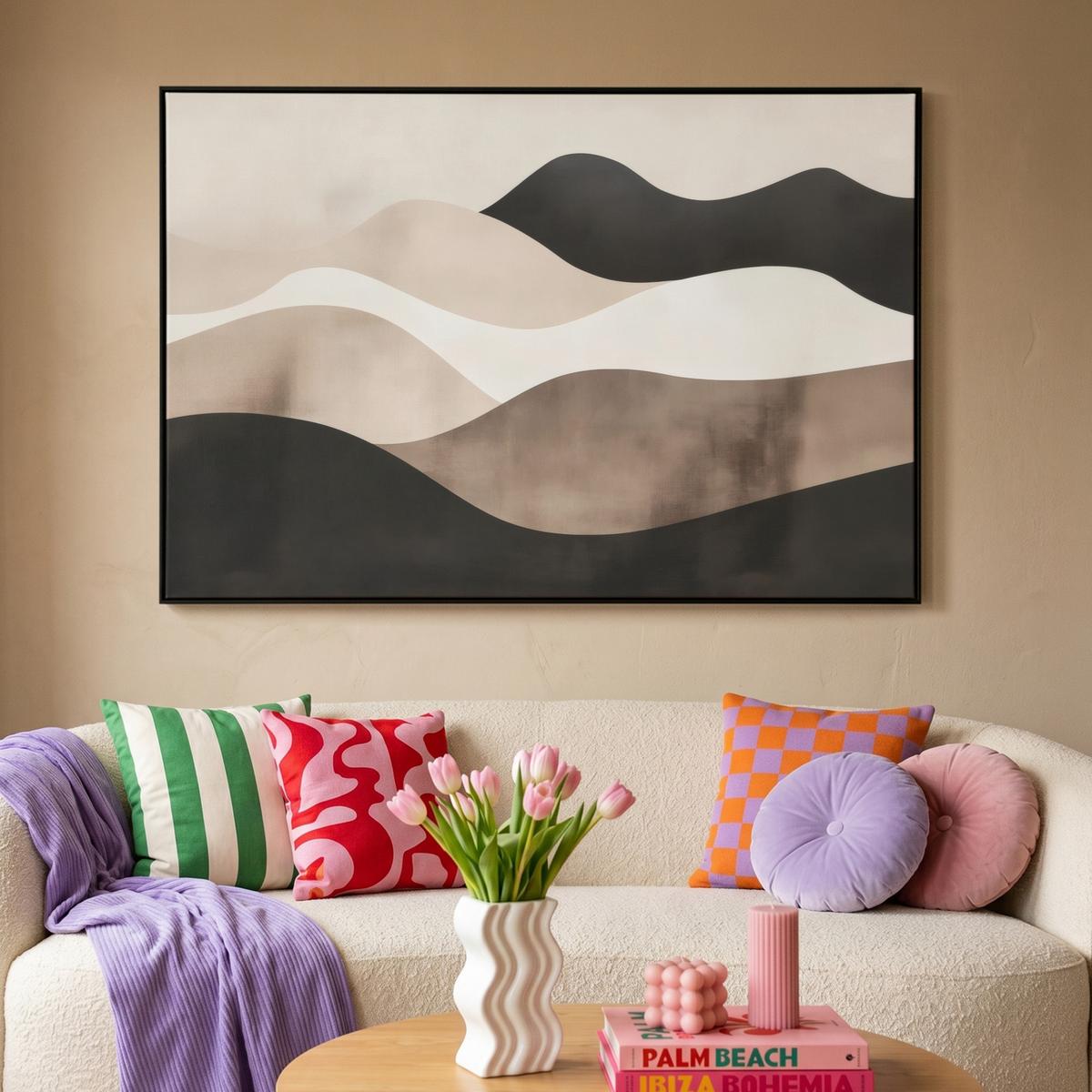 LEINWAND Bilder mit Rahmen - Abstrakt - Landschaft - Wellen - Cremefarben - 140x90 - Cappuccino, Textil (140/90cm) - MuchoWow