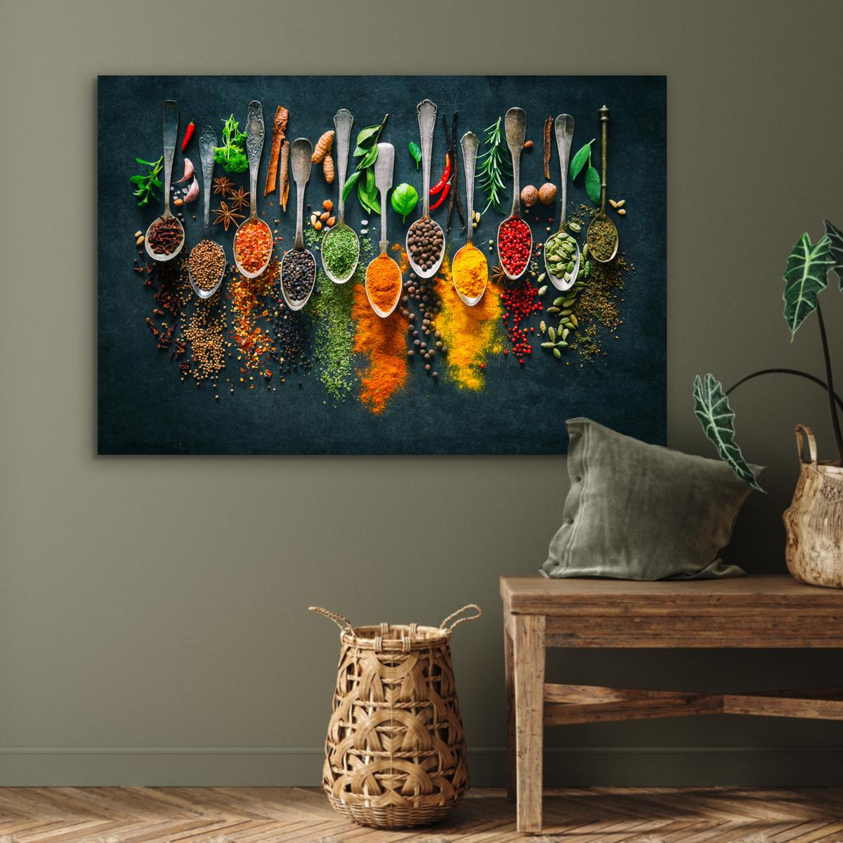 METALLBILD Kräuter - Gewürze - Löffel Deko Groß 120x80 cm - Currygelb, Metall (120/80cm) - MuchoWow