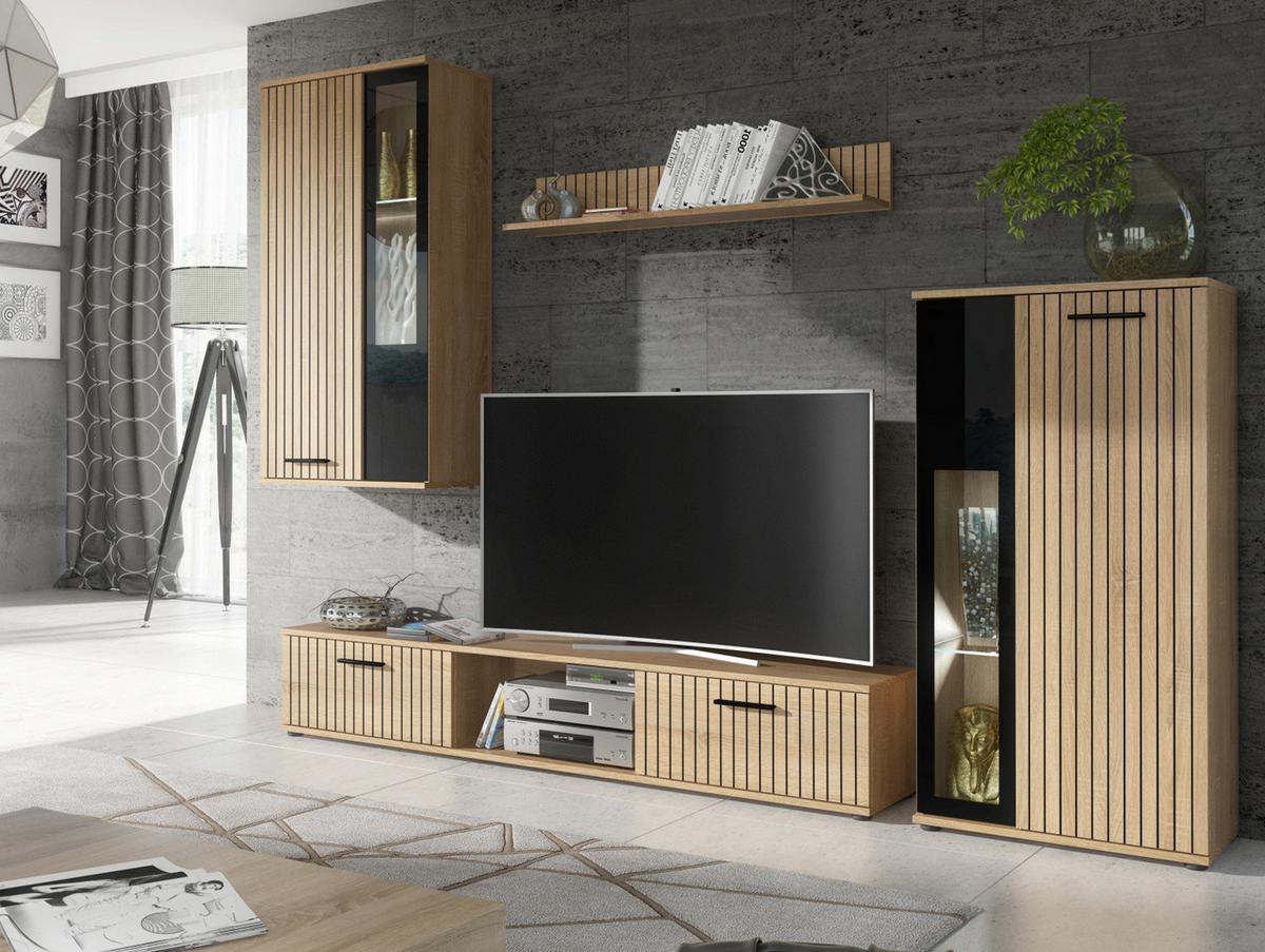 WOHNWAND Eiche, schwarz 255 cm Lamellenoptik, Schrankwand mit Beleuchtung - Eichefarben/Schwarz, Glas/Holzwerkstoff (255/180/30cm) - Furn.Design